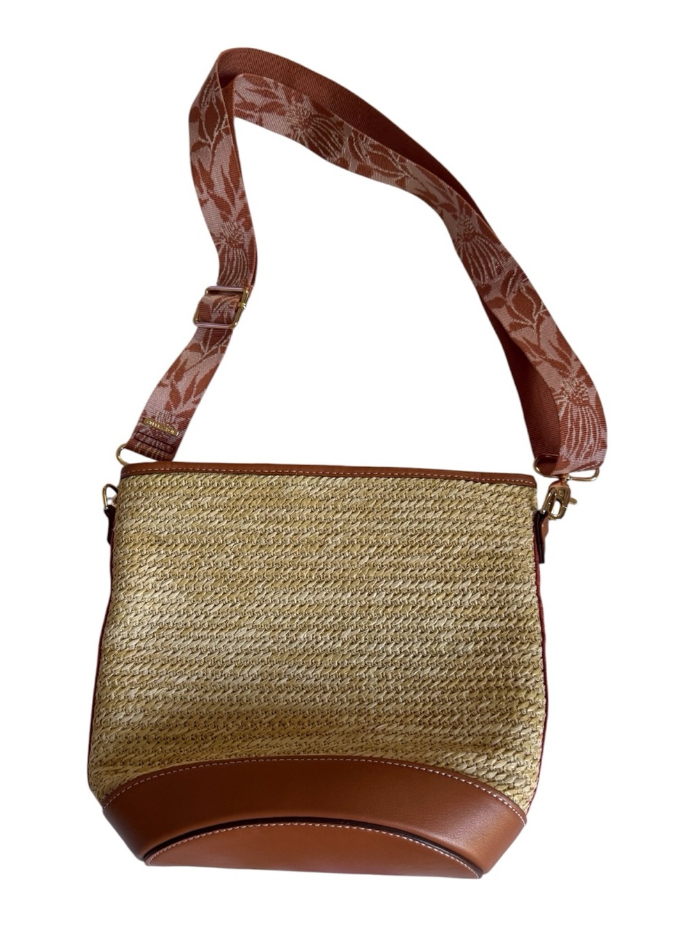 Stella & Dot Natural Straw Crossbody with Brown Leather Trim and Patterned Strap